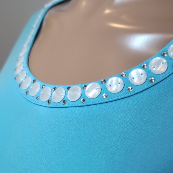Tanjay Aqua Short Sleeve Top Embellished Scoop Neck Beaded Rhinestone Resort - Picture 5 of 13